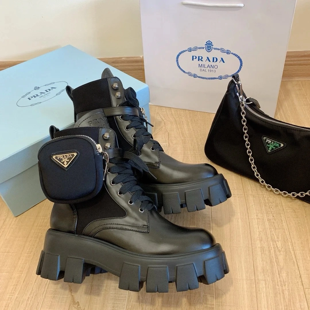 EM Sneakers Prada Monolith 60mm Pouch Ankle Boots Black Brushed Leather And Nylon beat reps