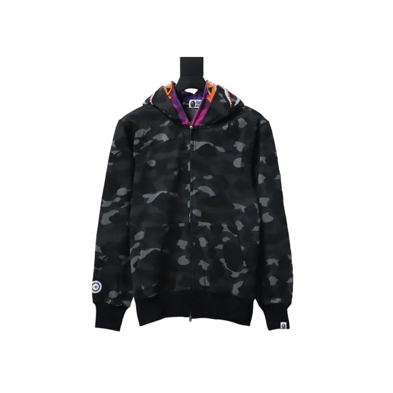 EM Sneakers QC | BAPE Shark Head Tiger Head Zipper Camouflage Double Hooded Hoodie Dark Gray