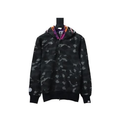 EM Sneakers QC | BAPE Shark Head Tiger Head Zipper Camouflage Double Hooded Hoodie Dark Gray