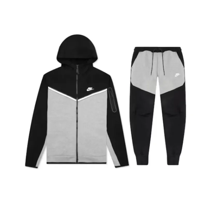 EM Sneakers QC | Nike Sportswear Tech Fleece Full Zip Hoodie & Pant & Joggers Set Black and Gray Stitching