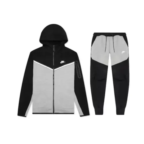 EM Sneakers QC | Nike Sportswear Tech Fleece Full Zip Hoodie & Pant & Joggers Set Black and Gray Stitching