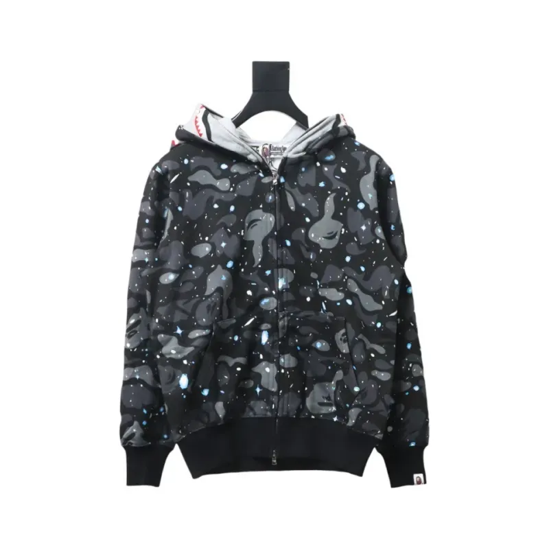 EM Sneakers QC | BAPE Shark Head Tiger Head Zipper Starry Sky Camouflage Double Hooded Hoodie Dark Gray