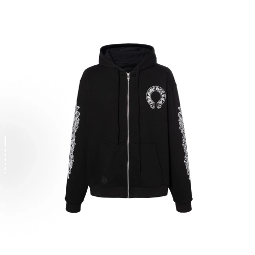EM Sneakers QC | Chrome Hearts Horseshoe Floral Cross-Sleeve Zip Up Hoodie Black White