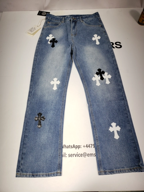 EM Sneakers QC | Chrome Hearts Black and White Cross-patterned Jeans with Sanskrit on the Back