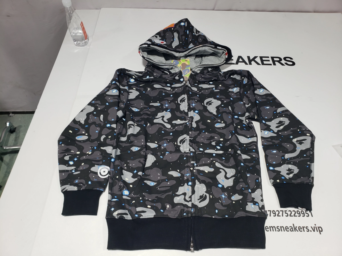 EM Sneakers QC | BAPE Shark Head Tiger Head Zipper Starry Sky Camouflage Double Hooded Hoodie Dark Gray