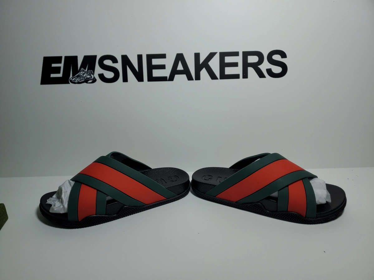 EM Sneakers QC |  Gucci Web Slippers Black Rubber Green and Red 630326 J8700 8460