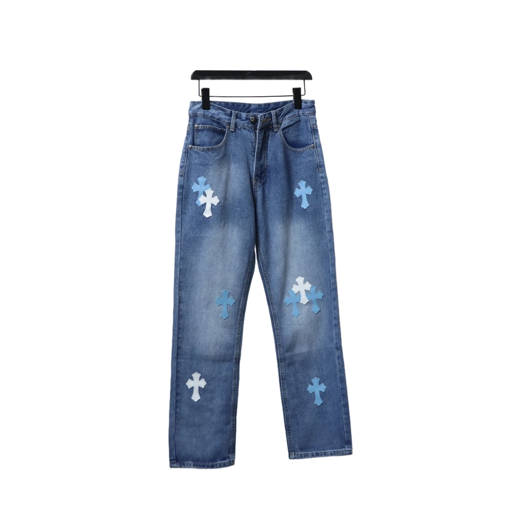 EM Sneakers QC | Chrome Hearts Blue and White Cross-patterned Jeans with Sanskrit on the Back