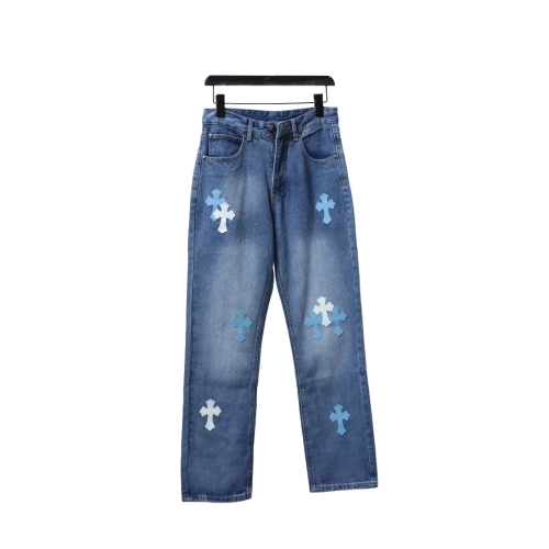 EM Sneakers QC | Chrome Hearts Blue and White Cross-patterned Jeans with Sanskrit on the Back
