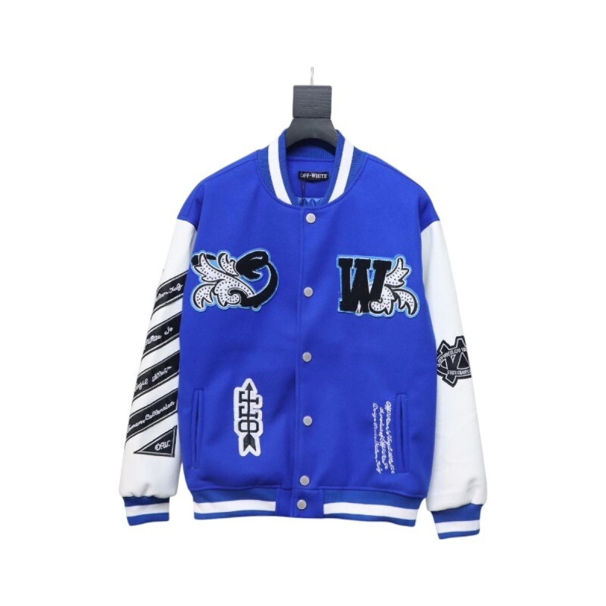 EM Sneakers QC | Off-White Blue and White Patch Baseball Jacket