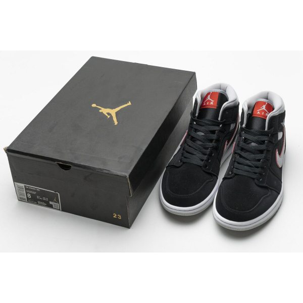 Fake Air Jordan 1 Mid Black Particle Grey Gym Red 554724-060