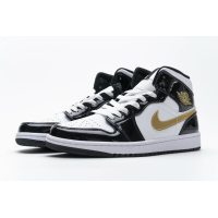 Fake Air Jordan 1 Mid Patent Black White Gold 852542-007