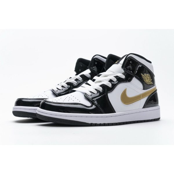 Fake Air Jordan 1 Mid Patent Black White Gold 852542-007