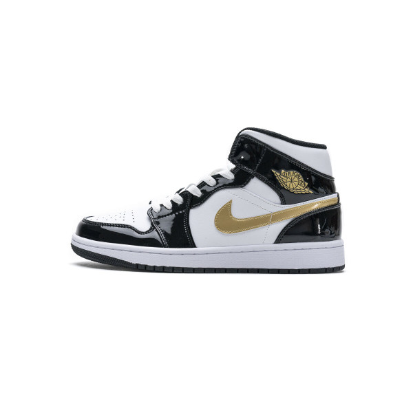 Fake Air Jordan 1 Mid Patent Black White Gold 852542-007