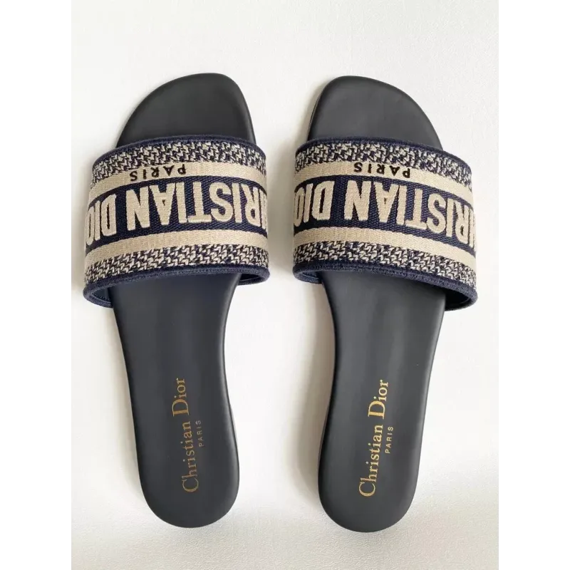 CHRISTIAN DIOR DWAY NAVY BLUE FABRIC SLIDES