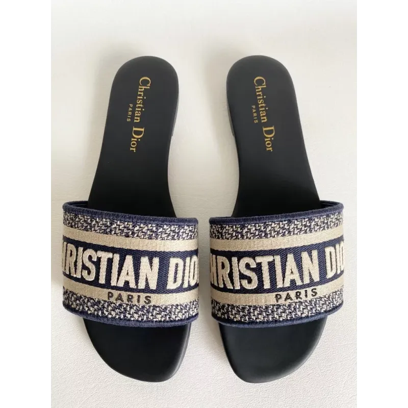 CHRISTIAN DIOR DWAY NAVY BLUE FABRIC SLIDES