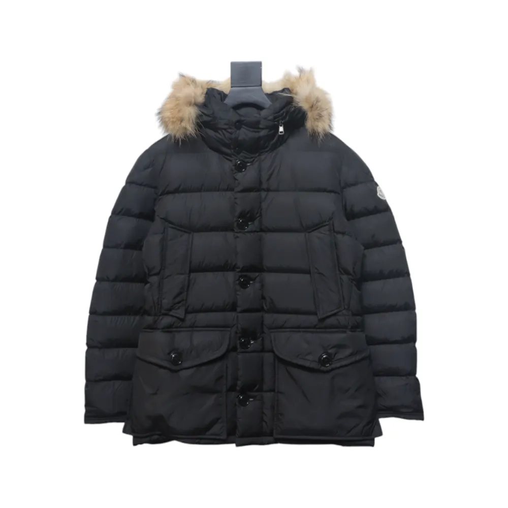 Moncler Mid-Length Hooded Hair Collar Button Down Jacket