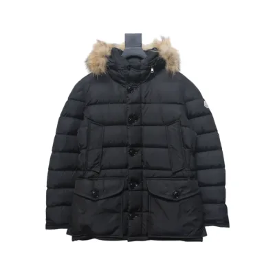 Moncler Mid-Length Hooded Hair Collar Button Down Jacket 01