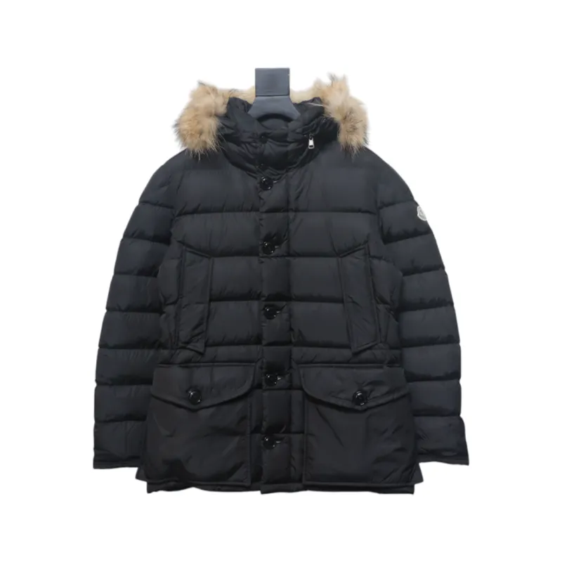 Moncler Mid-Length Hooded Hair Collar Button Down Jacket