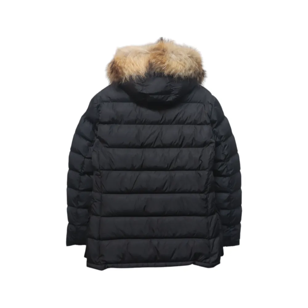 Moncler Mid-Length Hooded Hair Collar Button Down Jacket