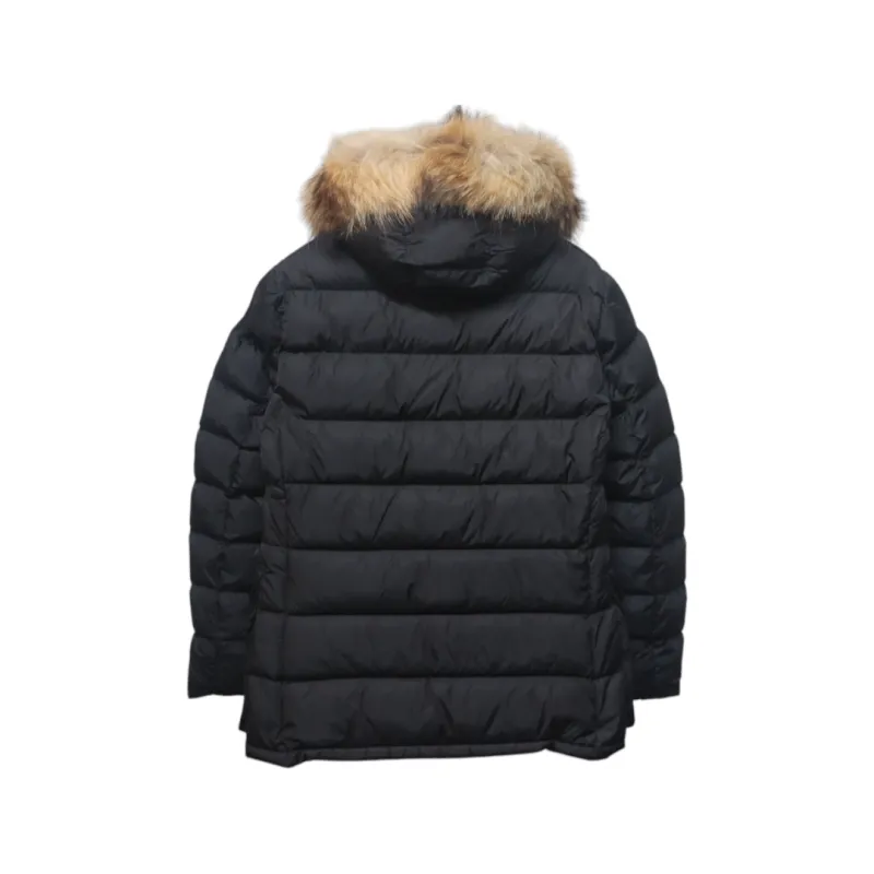 Moncler Mid-Length Hooded Hair Collar Button Down Jacket