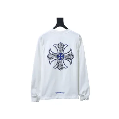 Chrome Hearts Blue Horseshoe Cross Long Sleeve T-Shirt White 01