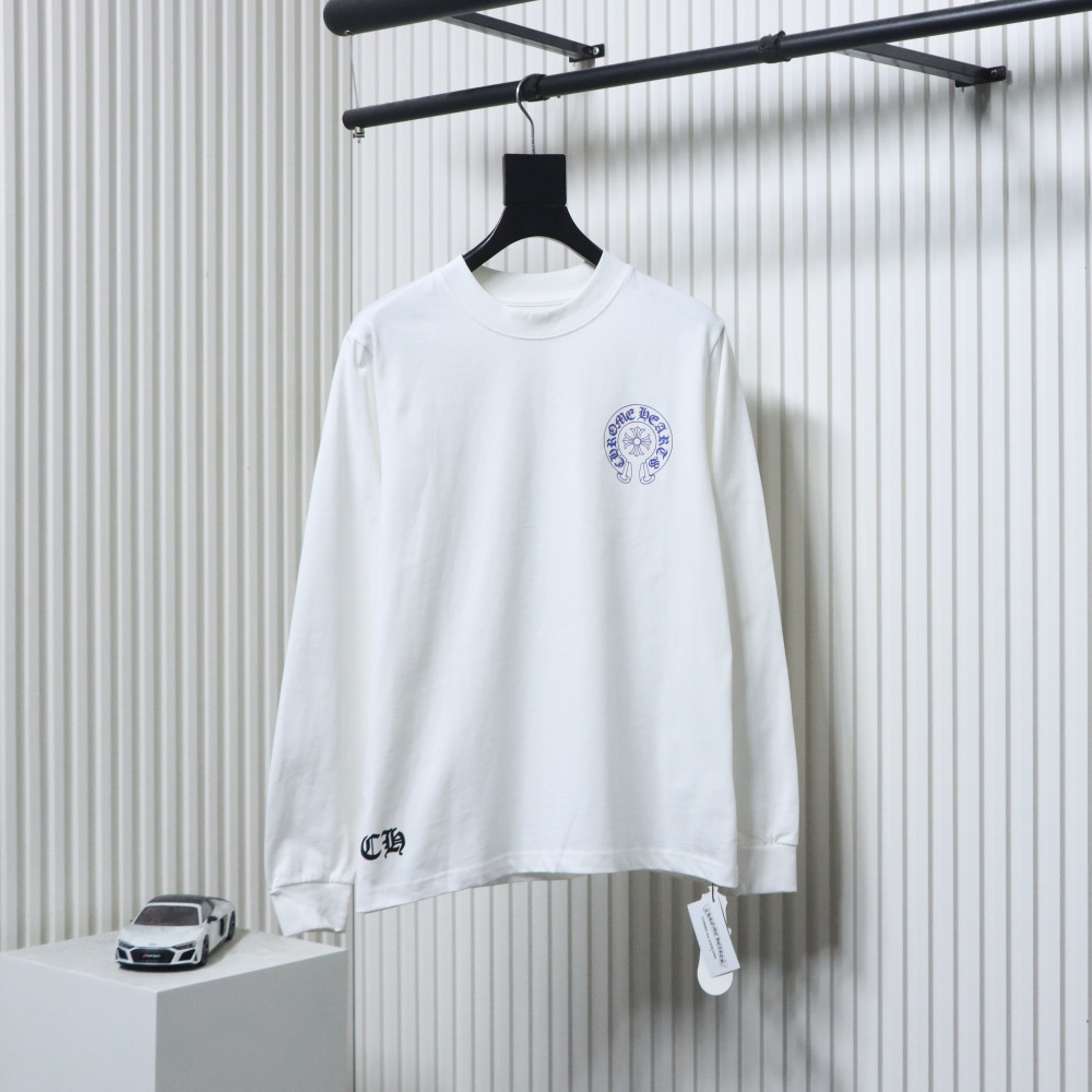 Chrome Hearts Blue Horseshoe Cross Long Sleeve T-Shirt White