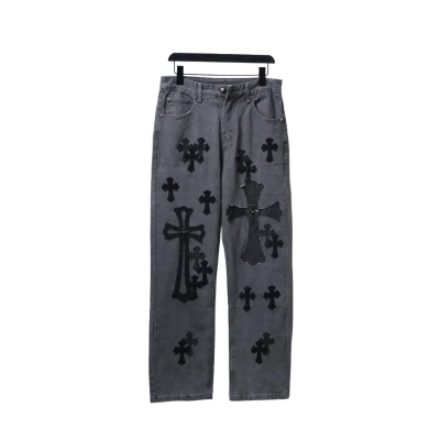 Chrome Hearts  X SexRecords Metal Cross Patch Jeans Distressed Gray 01