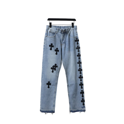 Chrome Hearts Black Cross Leather Patch Jeans 01
