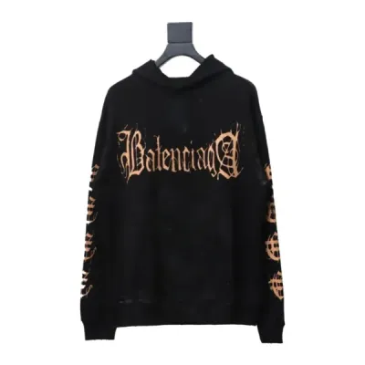 Balenciaga Clothes Metal Logo Printed Splattered Cotton Hoodie Black Brown 01