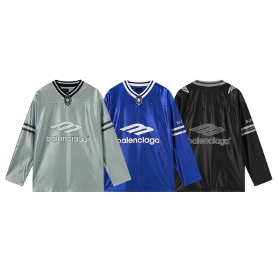 Balenciaga Clothes 3B Silhouette Ribbed V-Neck Printed Long-Sleeve T-Shirt Black/Blue/Gray 01