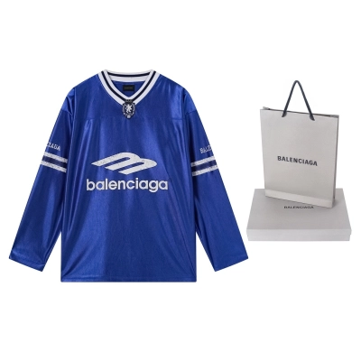 Balenciaga Clothes 3B Silhouette Ribbed V-Neck Printed Long-Sleeve T-Shirt Black/Blue/Gray 02