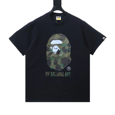 BAPE 26ss Classic Green Camo Big Ape Head Letter Print Short Sleeve T-shirt black 01