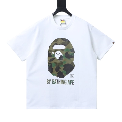 BAPE 26ss Classic Green Camo Big Ape Head Letter Print Short Sleeve T-shirt white 01