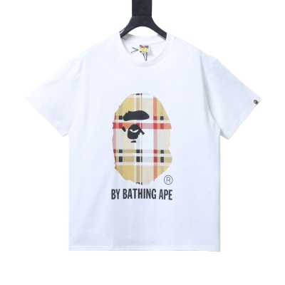 BAPE check-pattern ape head letter print short-sleeved T-shirt in white 01