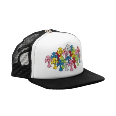 Chrome Hearts Multicolor Crosses Logo Trucker Hat White Black 02