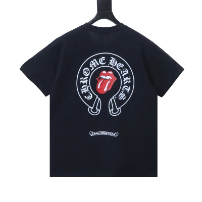 Chrome Hearts 26SS Rolling Stones Horseshoe Red Tongue Print Short-Sleeve T-Shirt  black 01