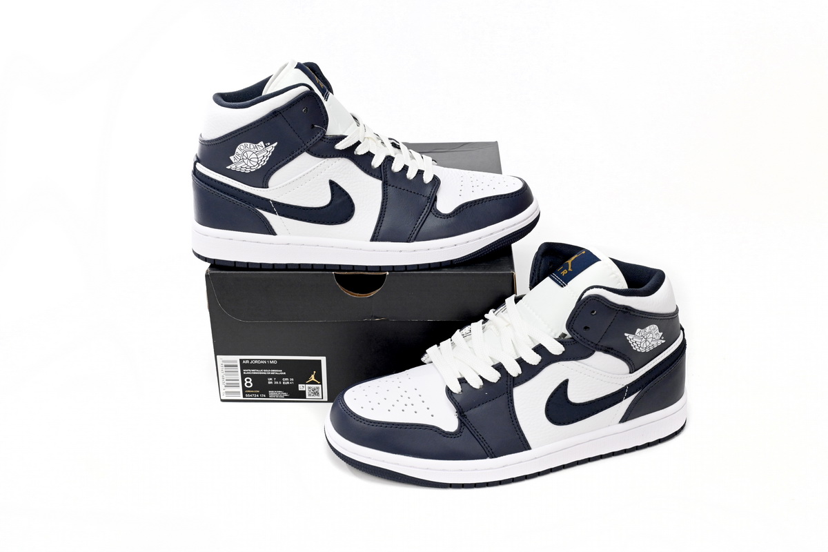 Jordan 1 Mid White Metallic Gold Obsidian (GS) 554725-174