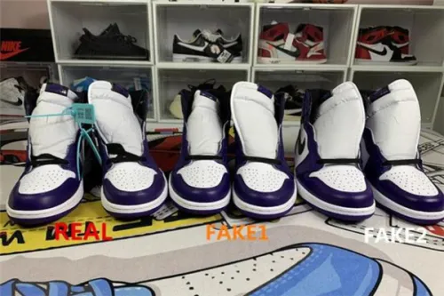 Songsneakers Jordan 1 Retro High OG White Purple true and false comparison