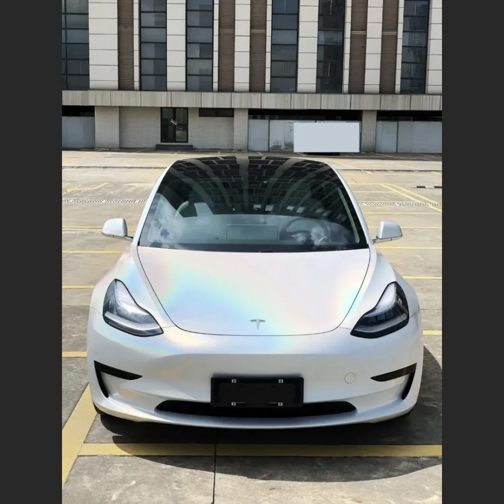 Ravoony Plus Glossy Laser White Car Vinyl Wrap Tesla Model 3 Wrap