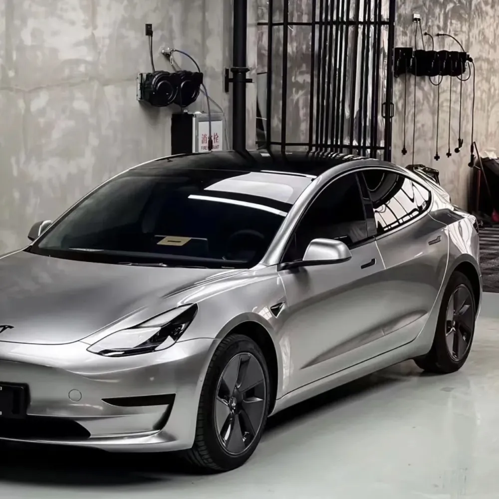 Ravoony Plus Matte Metallic Silver Glitter Car Wrap Tesla Model 3 Wrap