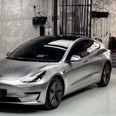 Ravoony Plus Matte Metallic Silver Glitter Car Wrap Tesla Model 3 Wrap 02