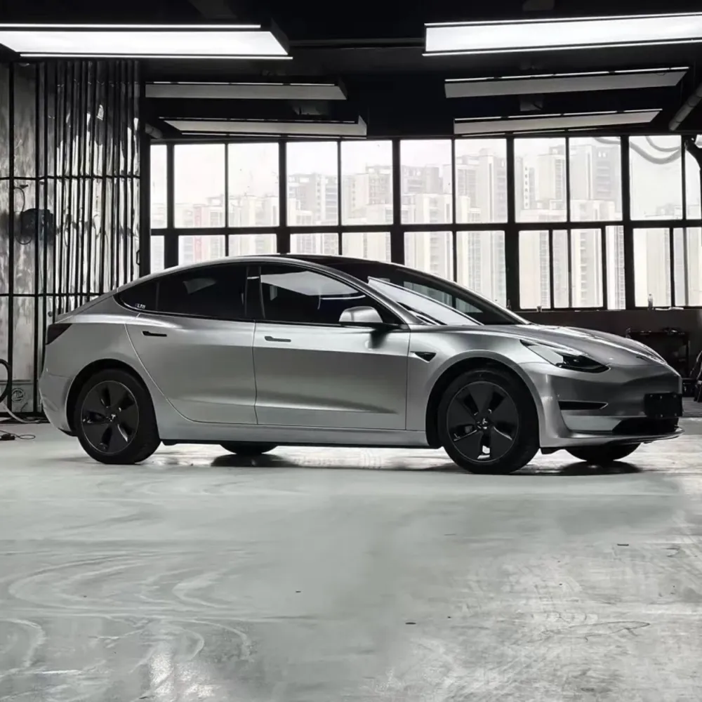 Ravoony Plus Matte Metallic Silver Glitter Car Wrap Tesla Model 3 Wrap