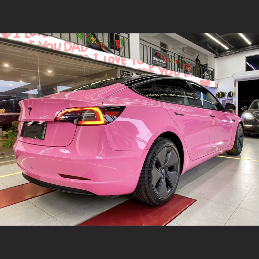Ravoony Plus Glossy Princess Pink Vinyl Car Wrap Tesla Model 3 Wrap