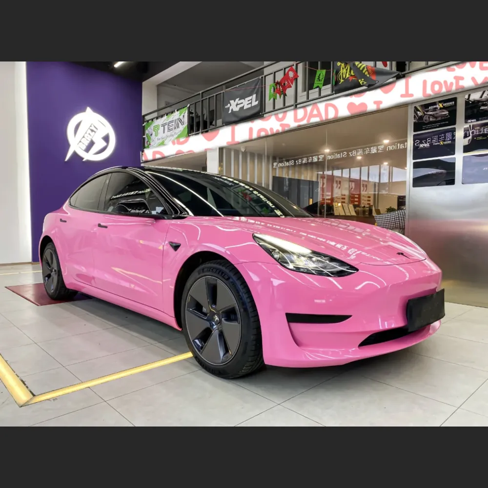 Ravoony Plus Glossy Princess Pink Vinyl Car Wrap Tesla Model 3 Wrap
