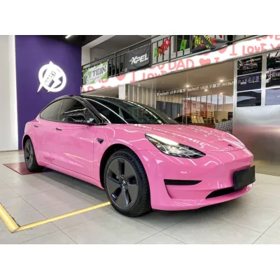 Ravoony Plus Glossy Princess Pink Vinyl Car Wrap Tesla Model 3 Wrap 02