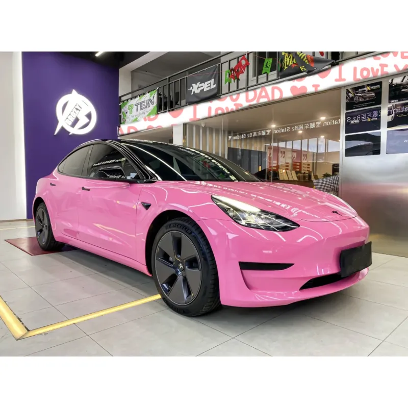 Glossy Princess Pink Vinyl Car Wrap Tesla Model 3 Wrap