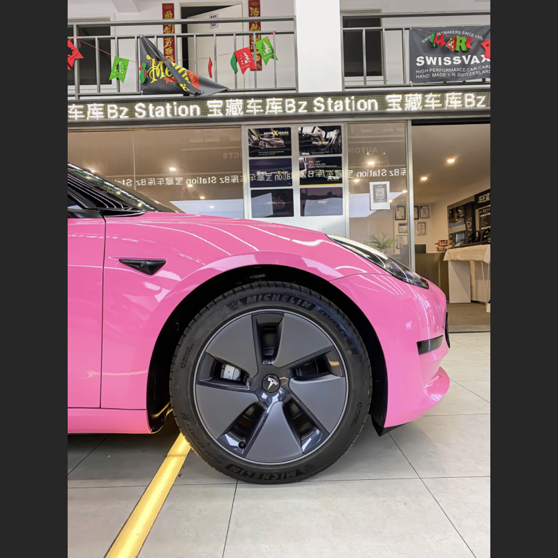 Ravoony Plus Glossy Princess Pink Vinyl Car Wrap Tesla Model 3 Wrap