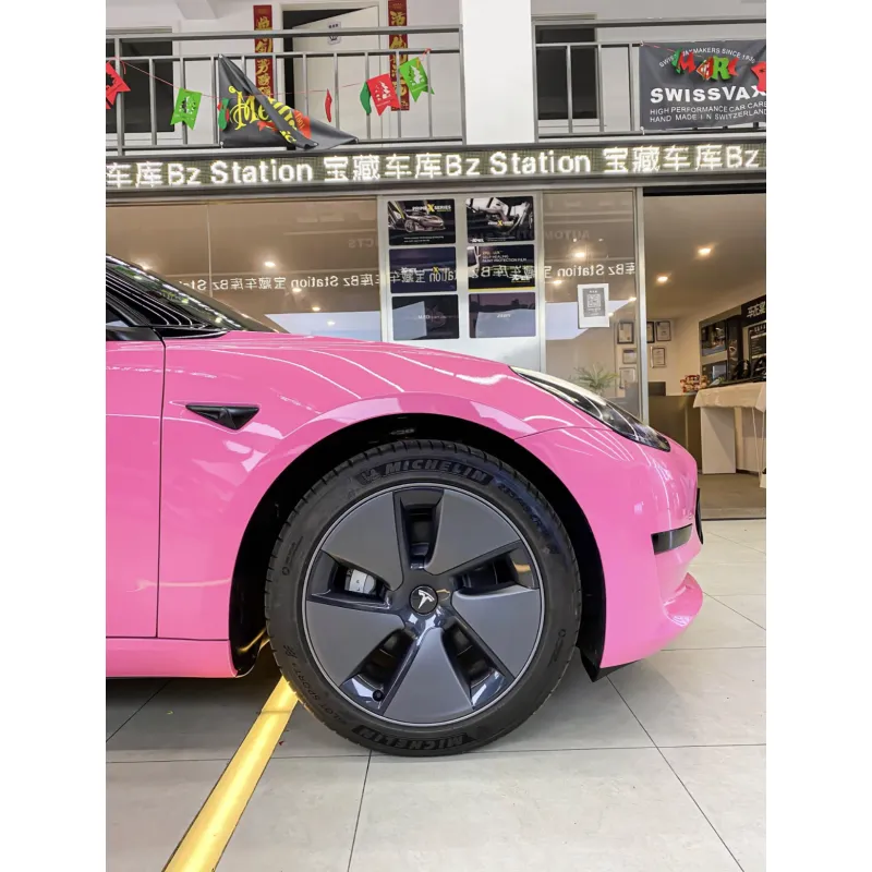 Glossy Princess Pink Vinyl Car Wrap Tesla Model 3 Wrap