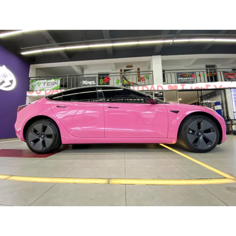 Glossy Princess Pink Vinyl Car Wrap Tesla Model 3 Wrap
