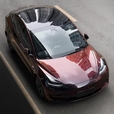 Ravoony Plus Glossy Diamond Black Red Vinyl Car Wrap Tesla Model 3 Wrap 02